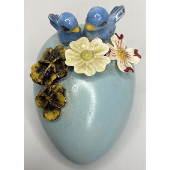 Vintage Unique Ceramic Blue Egg with 3D Flower Applique & Birds SKU PB188-3 - Picture 5 of 5